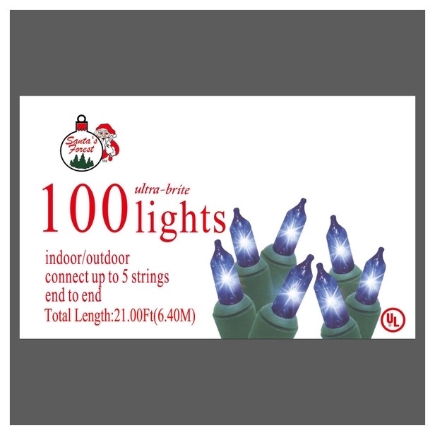 LIGHTSET MINI 100CT BLUE  Christmas Tree Lights  Connect up to 5 sets end-to-endIncandescent 100-count mini lightsetGreen wire21-foot total lengthBlue bulbsIndooroutdoor use
