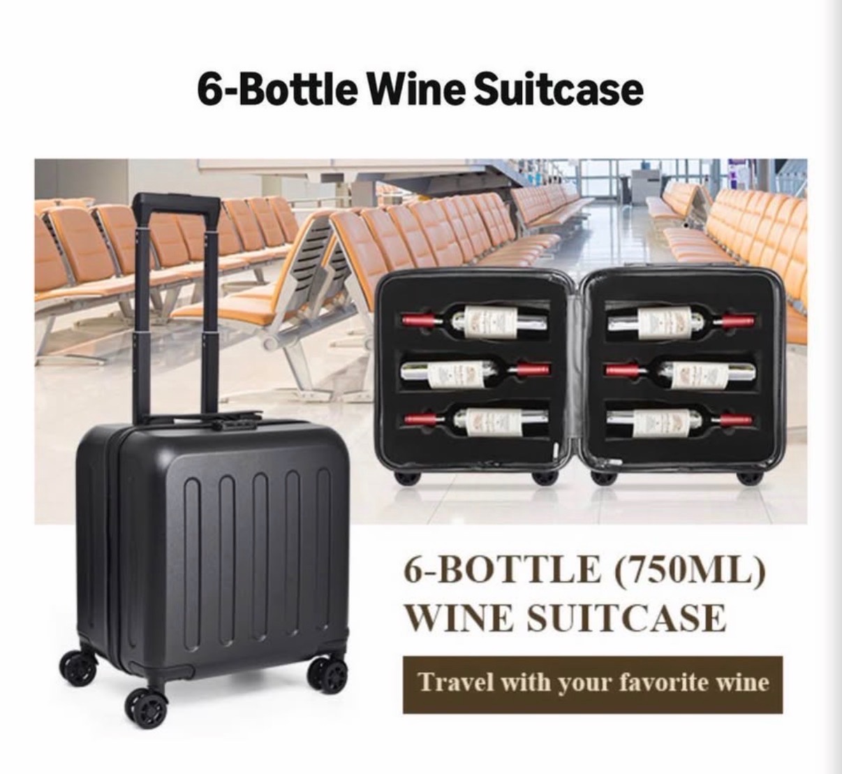 Wine Suitcase - hard shell luggage - carries 6 bottles - w wheels, handle and lock - 15x11x17 - retail $150