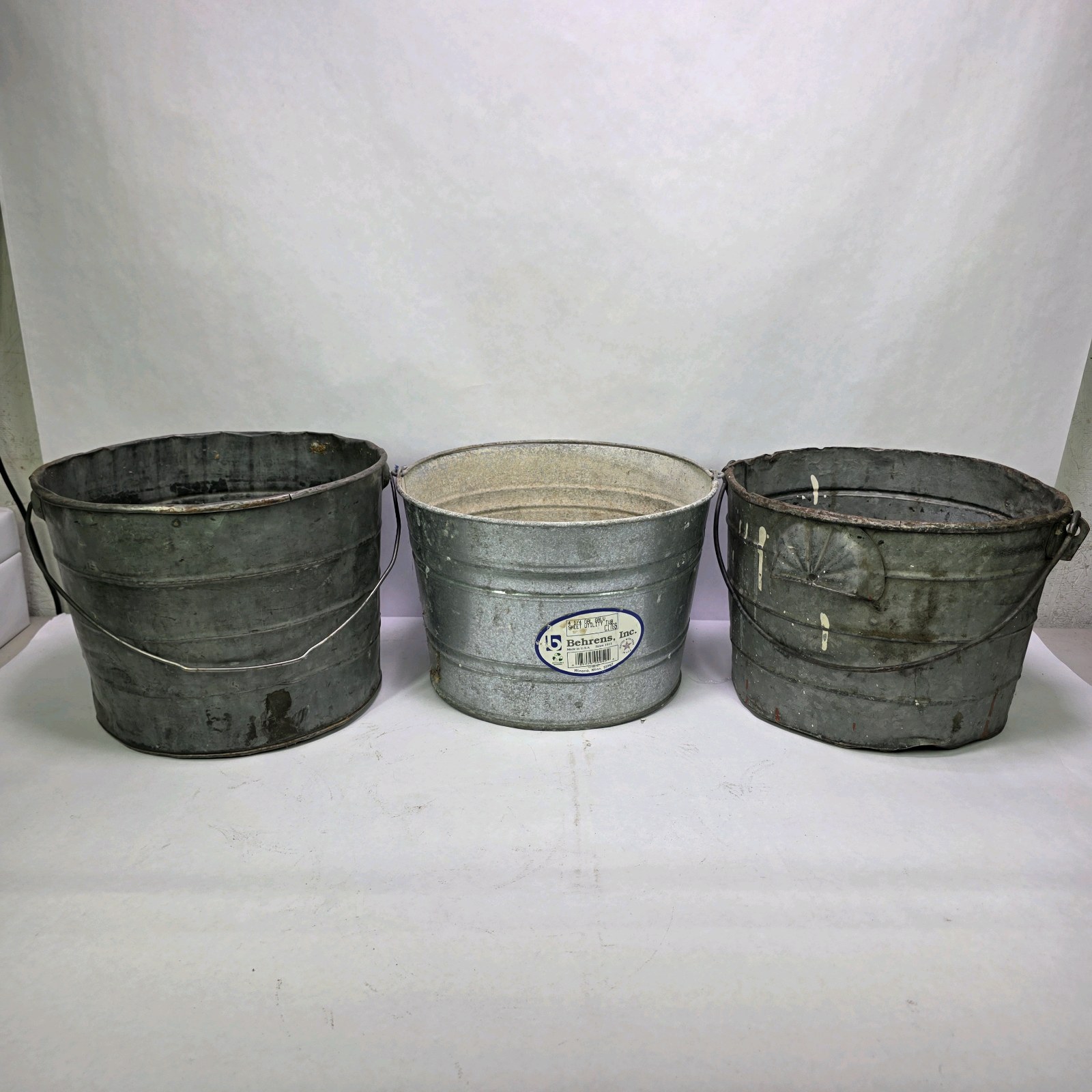 Lot of 3 Behrens Galvanized Metal Utility Buckets Farmhouse Planters