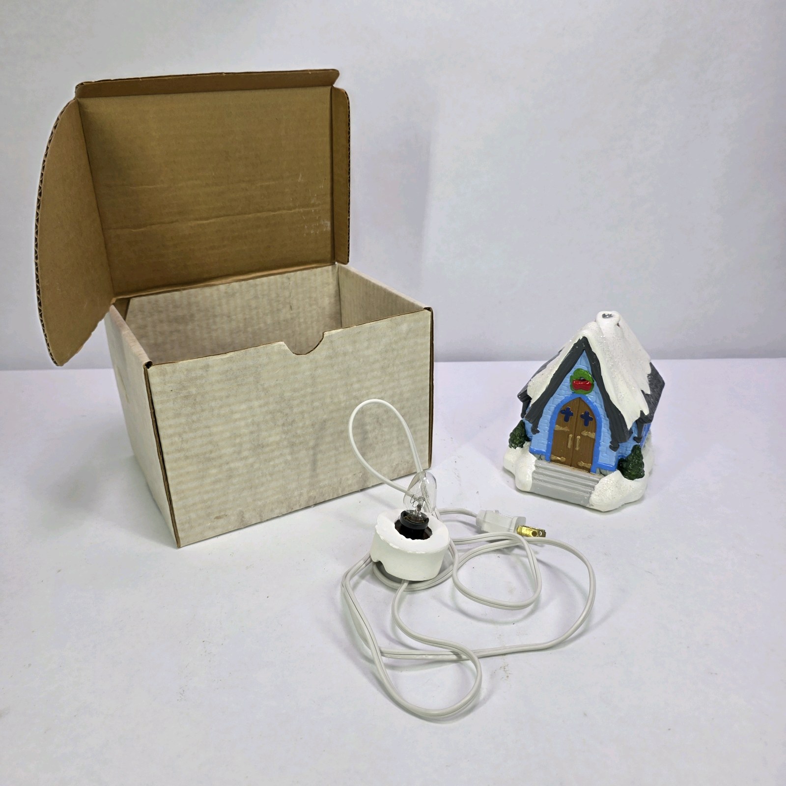 Lighted Miniature Christmas Village House Blue Snow Cottage With Box