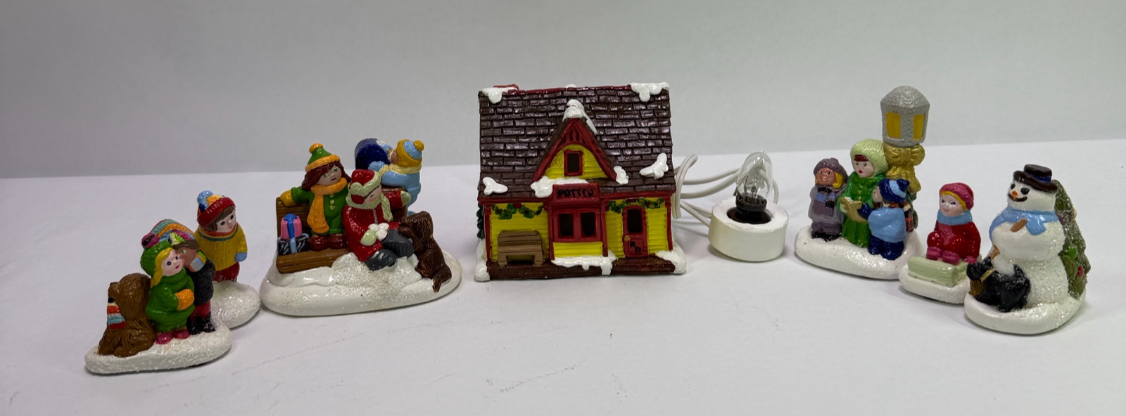 Vintage Lot of Miniature Christmas Village Figurines House Snowman Lamp Post Decor