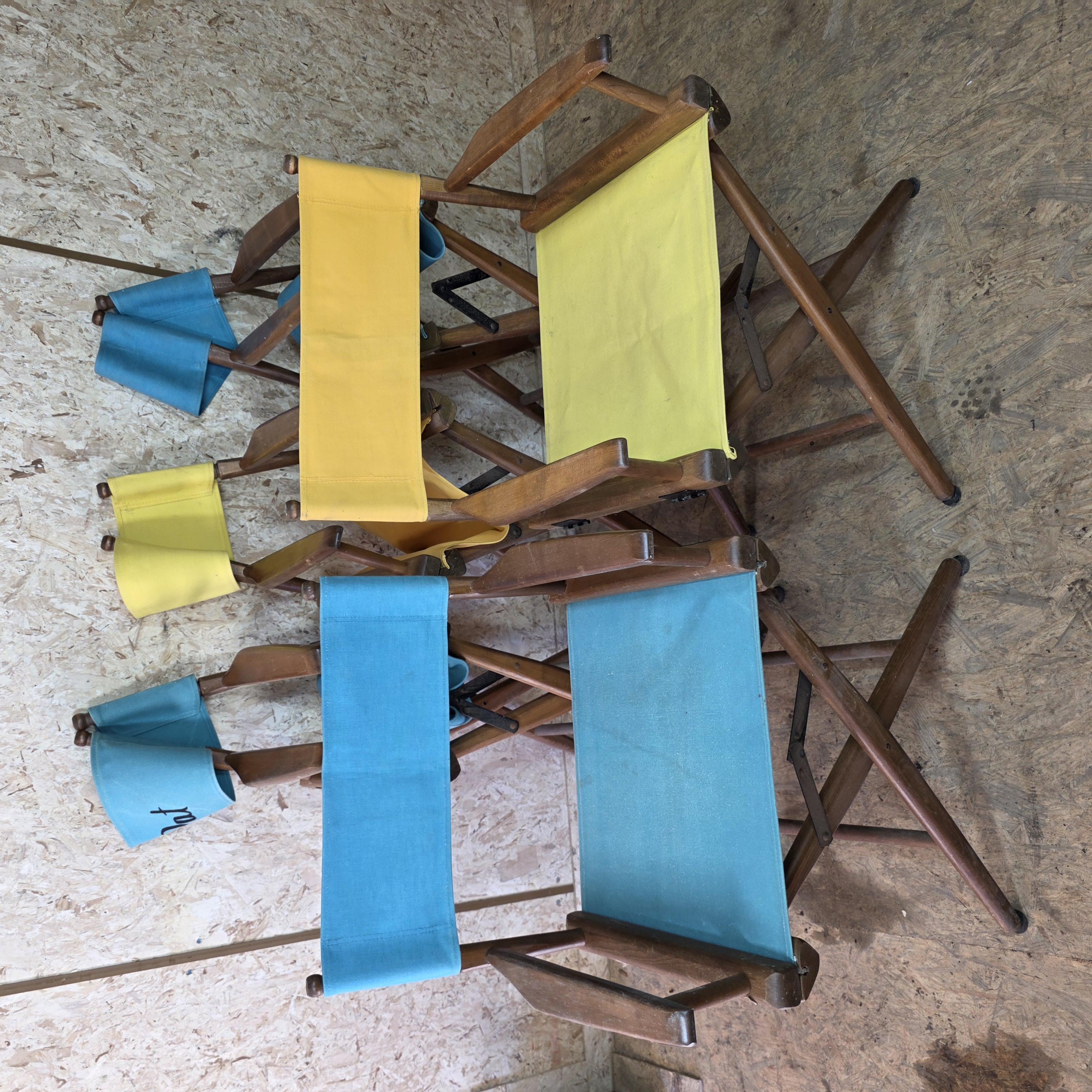 Lot of 5 Folding Wood Director Chairs with Blue and Yellow Canvas Seats