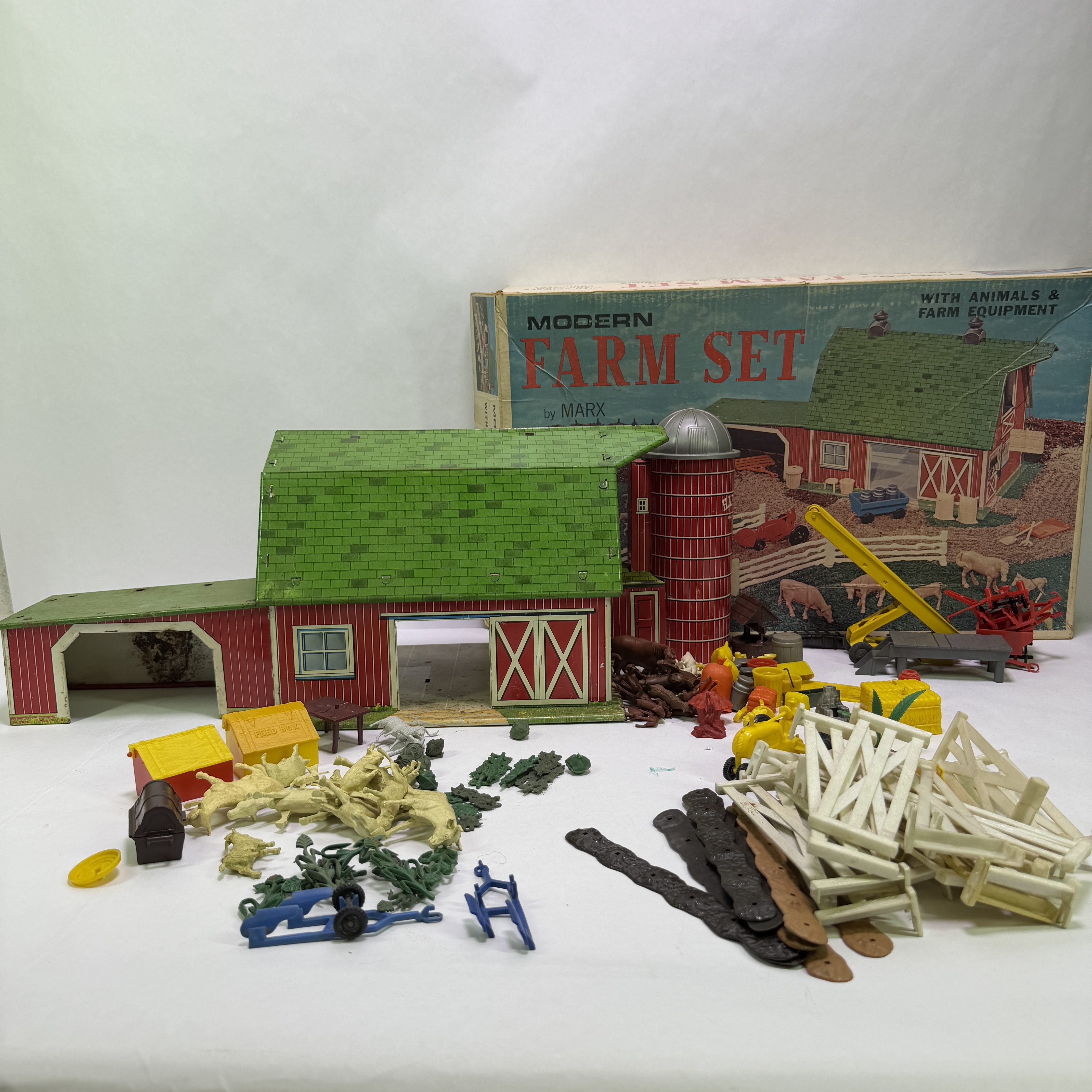 Vintage Marx Modern Farm Set with Barn, Silo, Animals, and Box