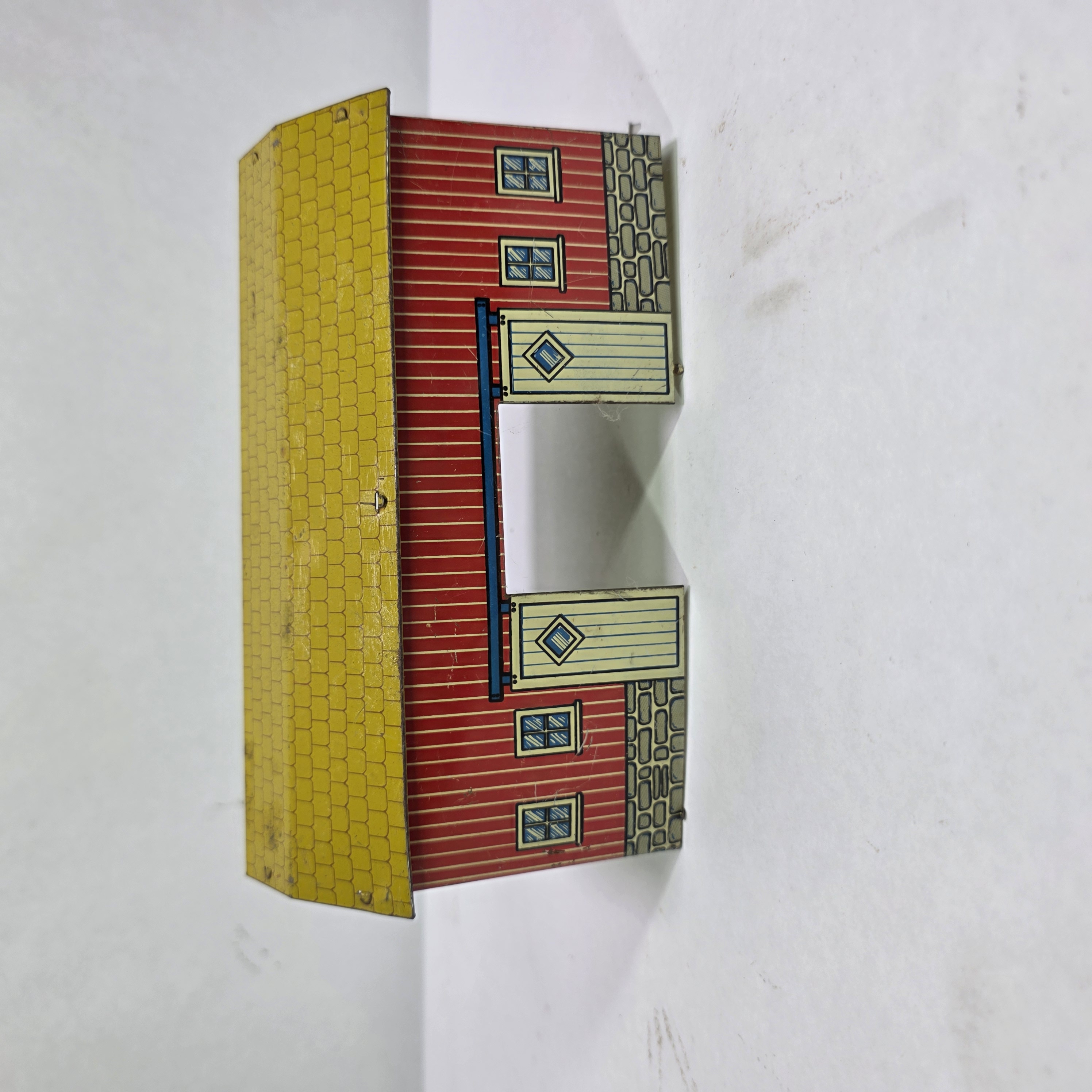 Vintage Tin Litho Red Barn Toy Building with Yellow Roof