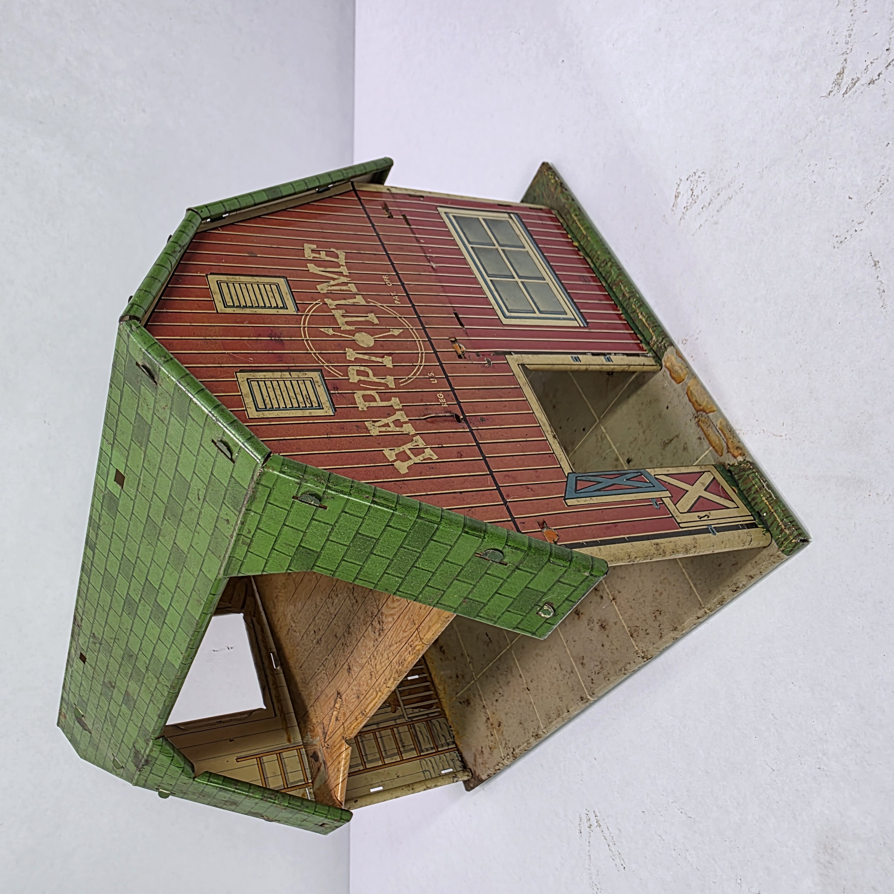 Vintage Happy-Time Tin Litho Barn Toy Building with Green Roof