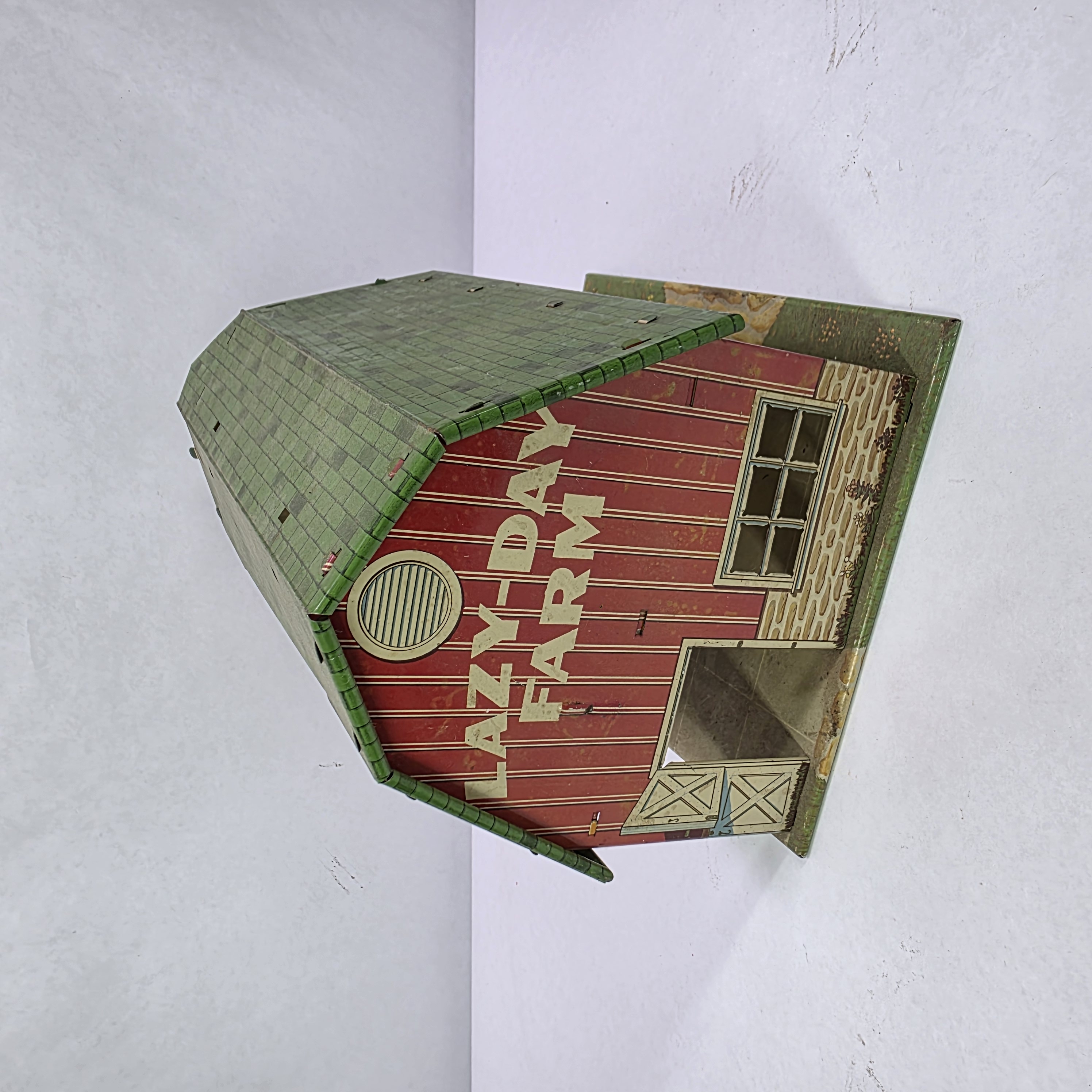 Vintage Lazy-Day Farm Tin Litho Barn Toy Building with Green Roof