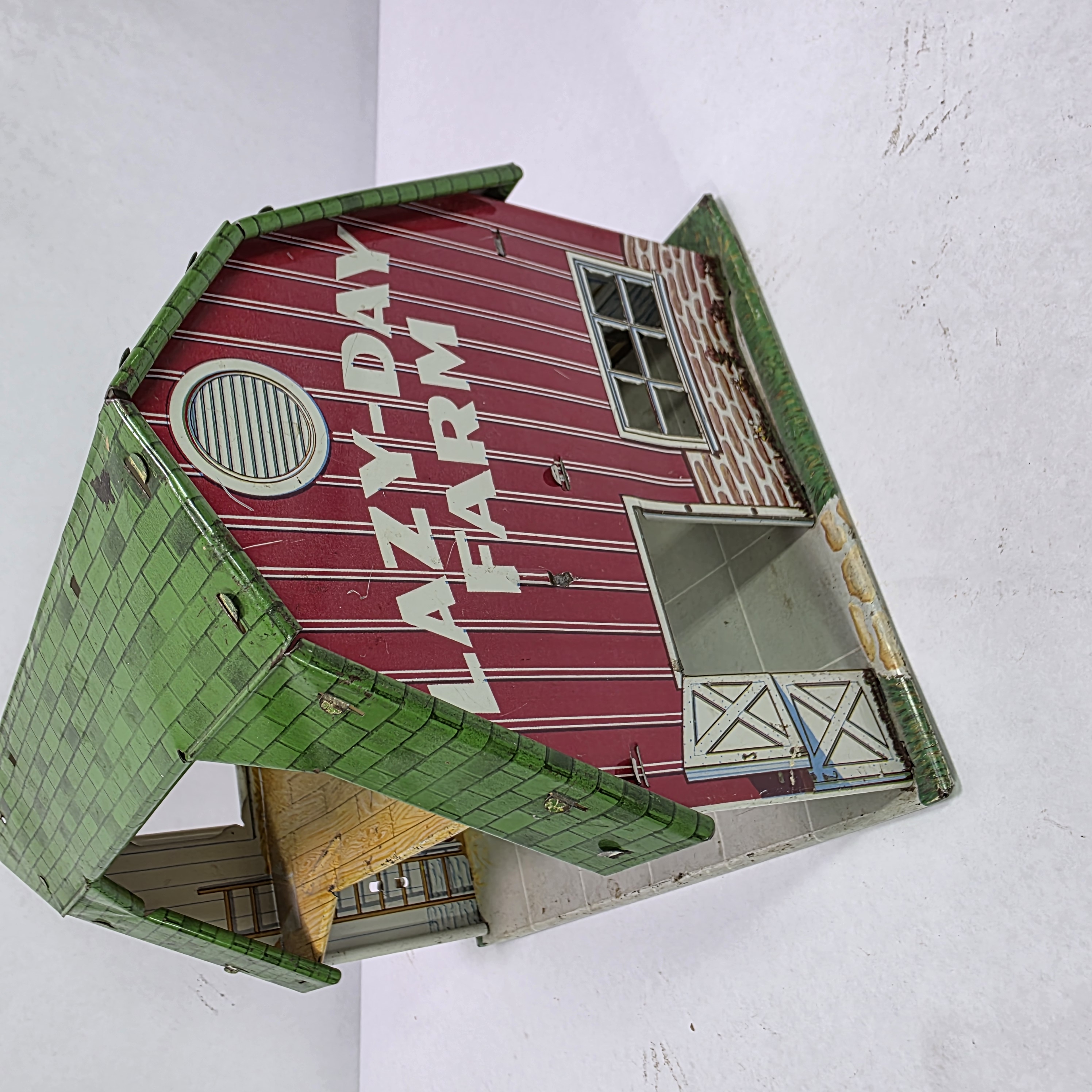 Vintage Lazy-Day Farm Tin Litho Barn Toy Building with Green Roof