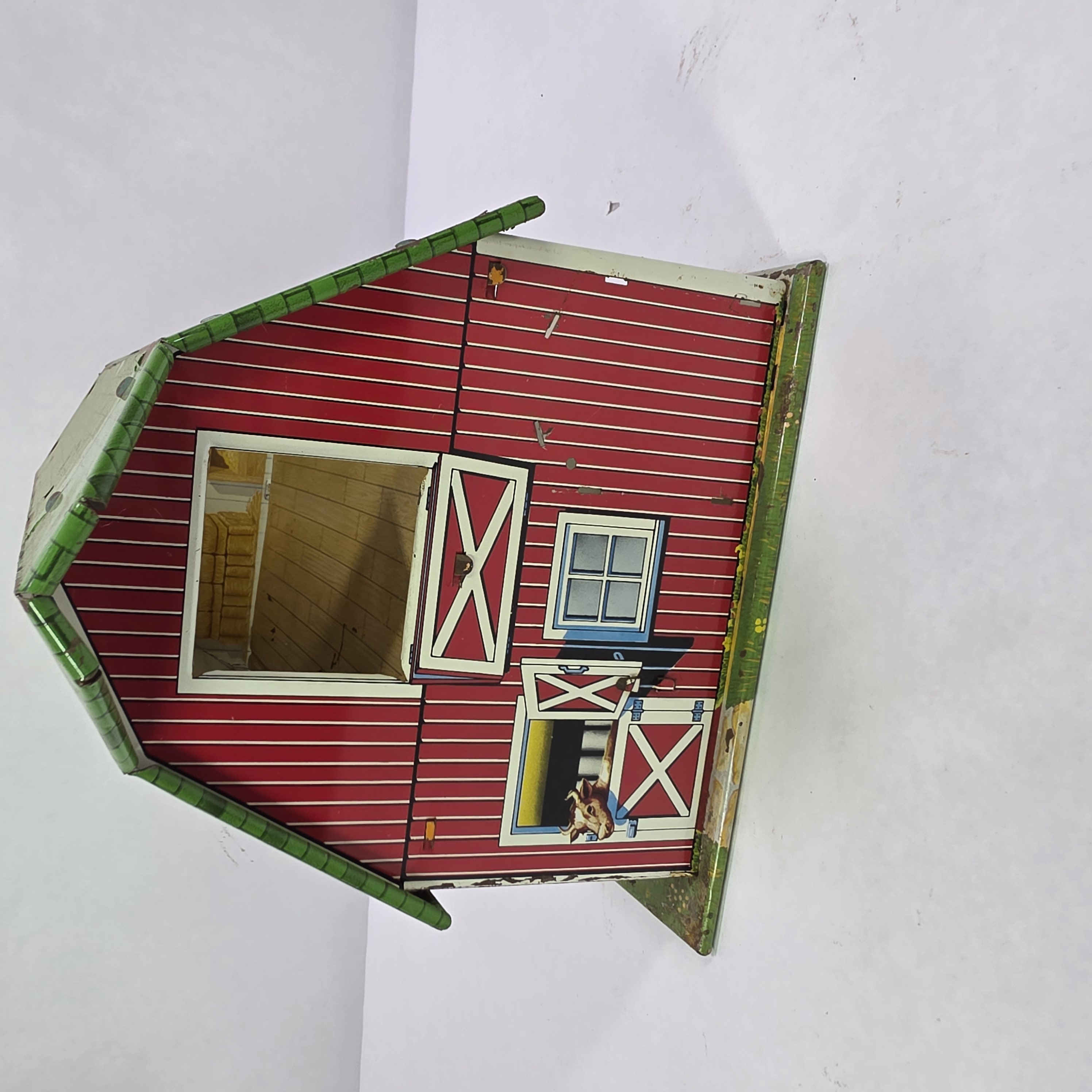 Vintage Lazy-Day Farm Tin Litho Barn Toy Building with Green Roof