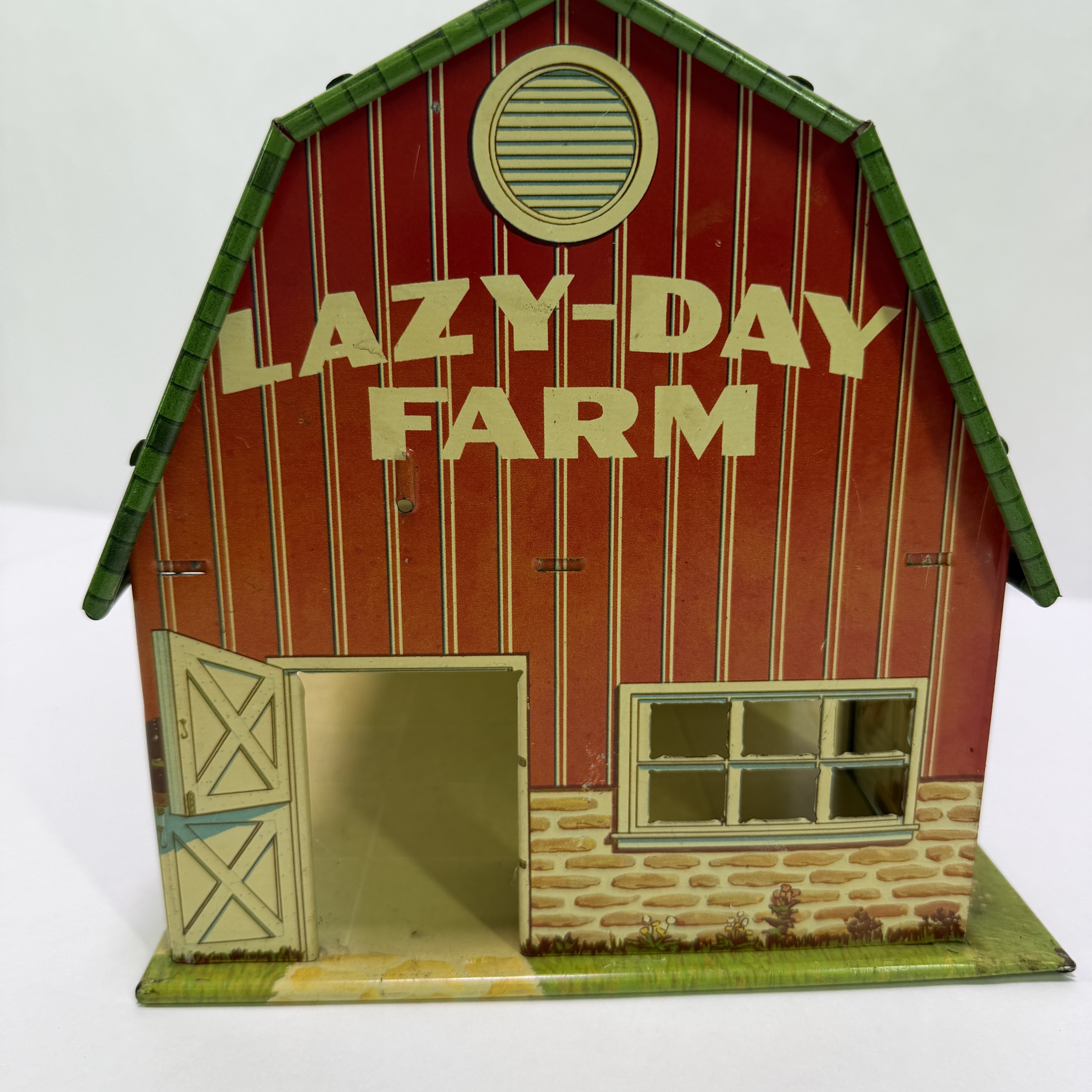 Vintage Lazy-Day Farm Tin Litho Barn Toy Building with Green Roof