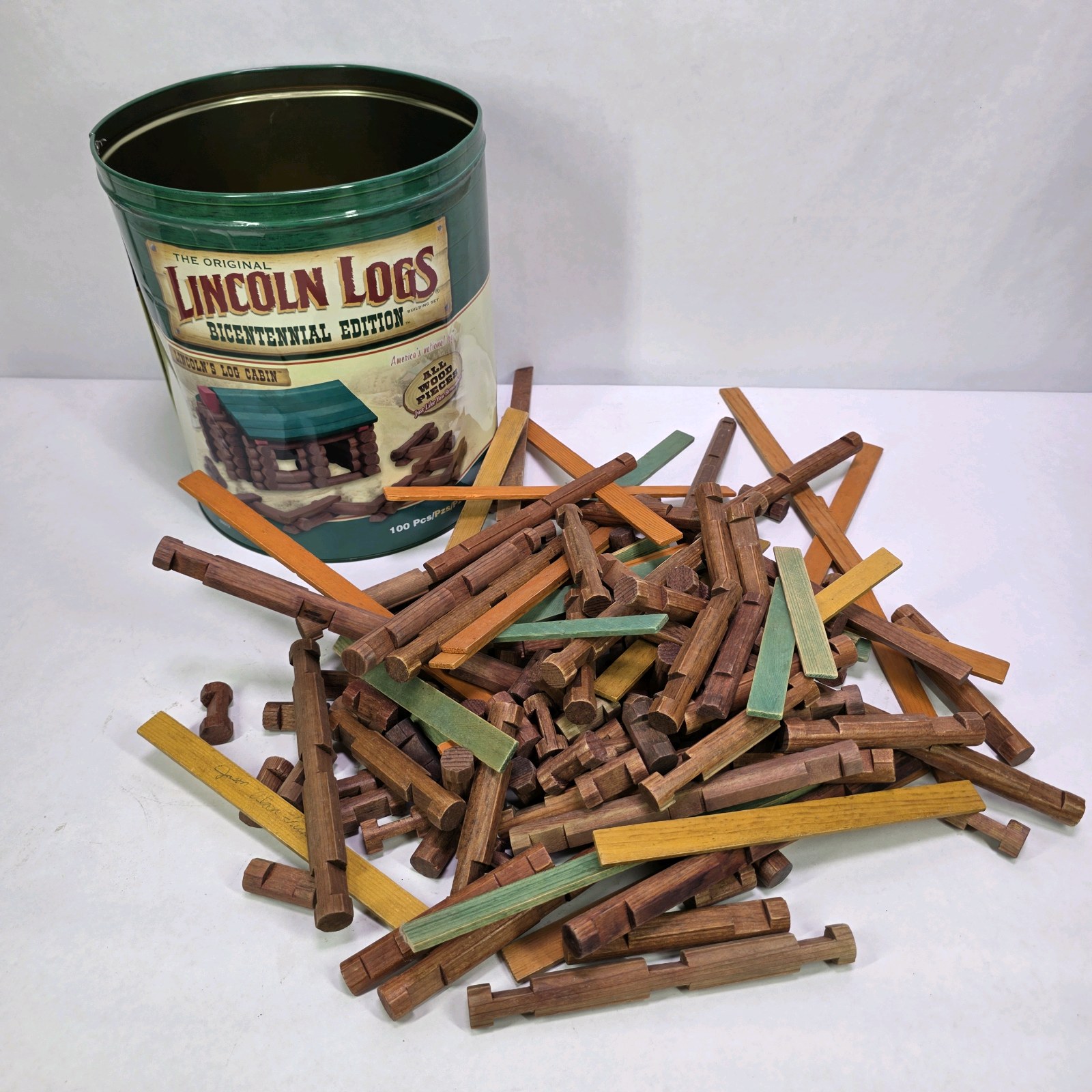 Lincoln Logs Bicentennial Edition Toy Building Set with Green Tin