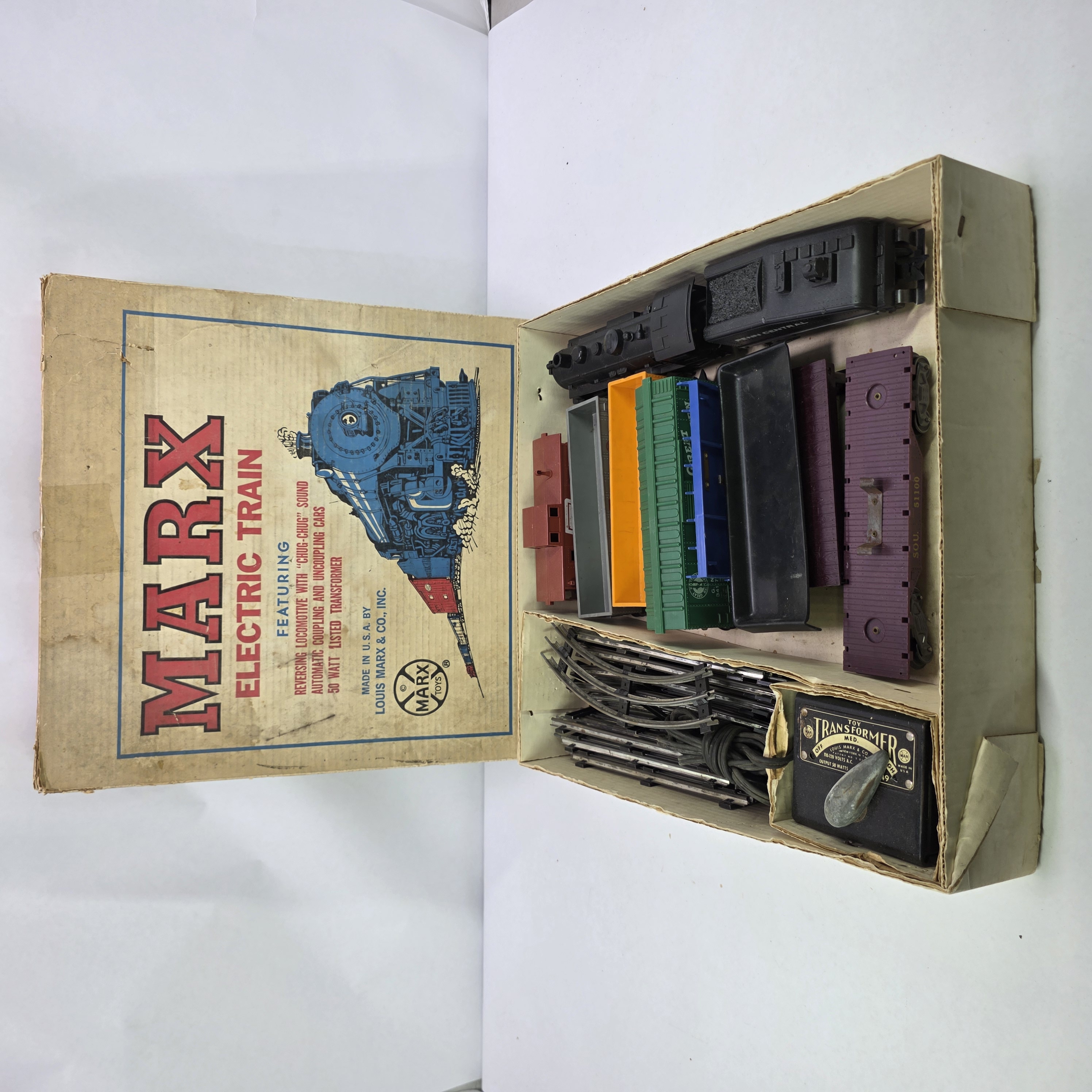 Vintage Marx Electric Train Set with Box, Transformer, Track, and Cars