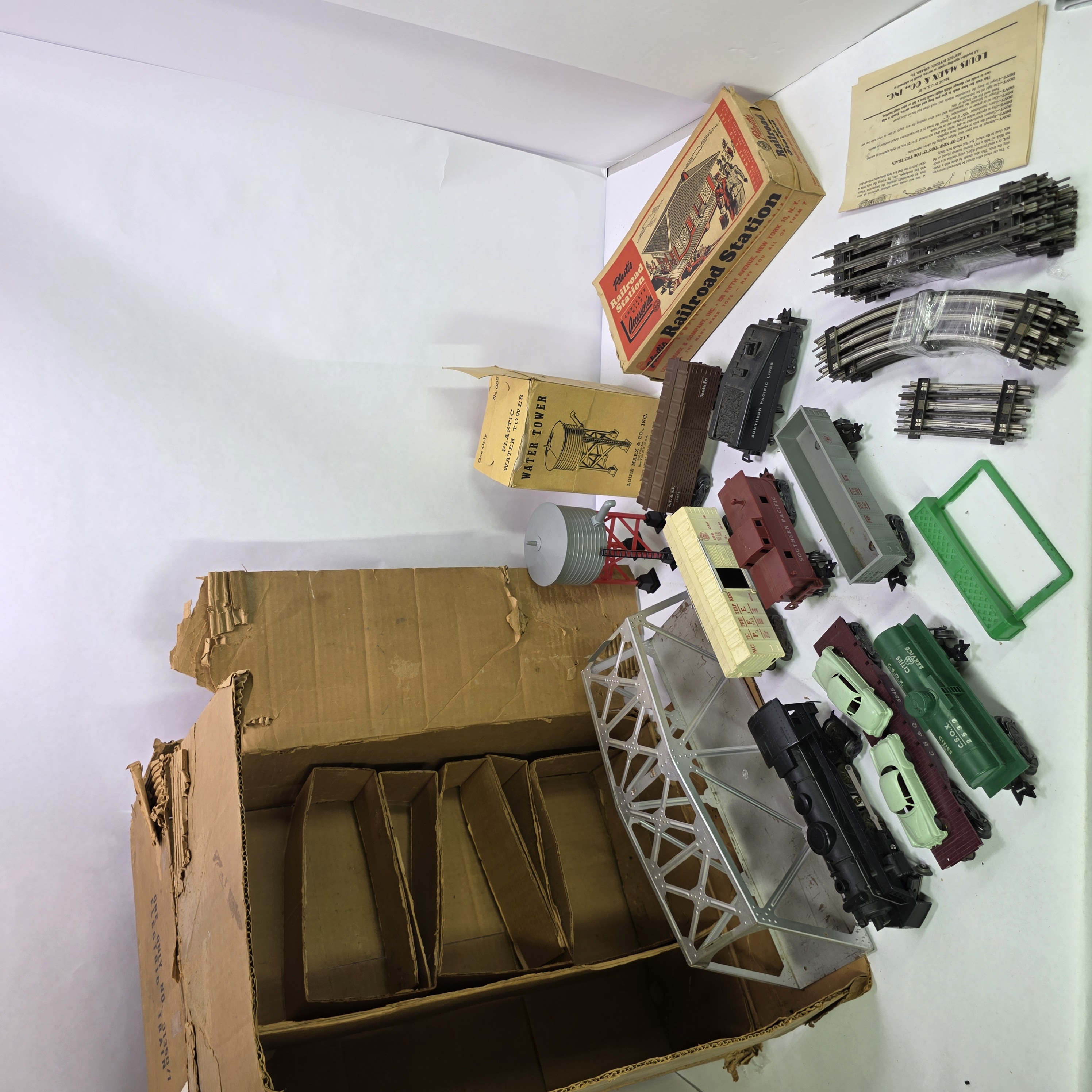 Vintage Marx Electric Train Set Lot with Cars, Track, Bridge, Station, and Accessories