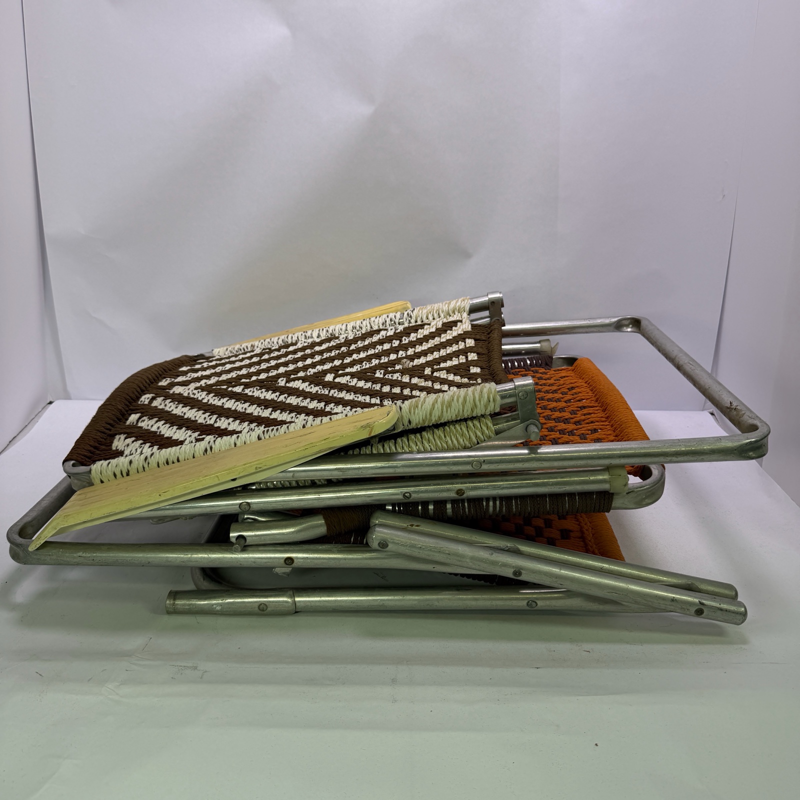 Pair of Vintage Folding Lawn Chairs with Woven Webbing
