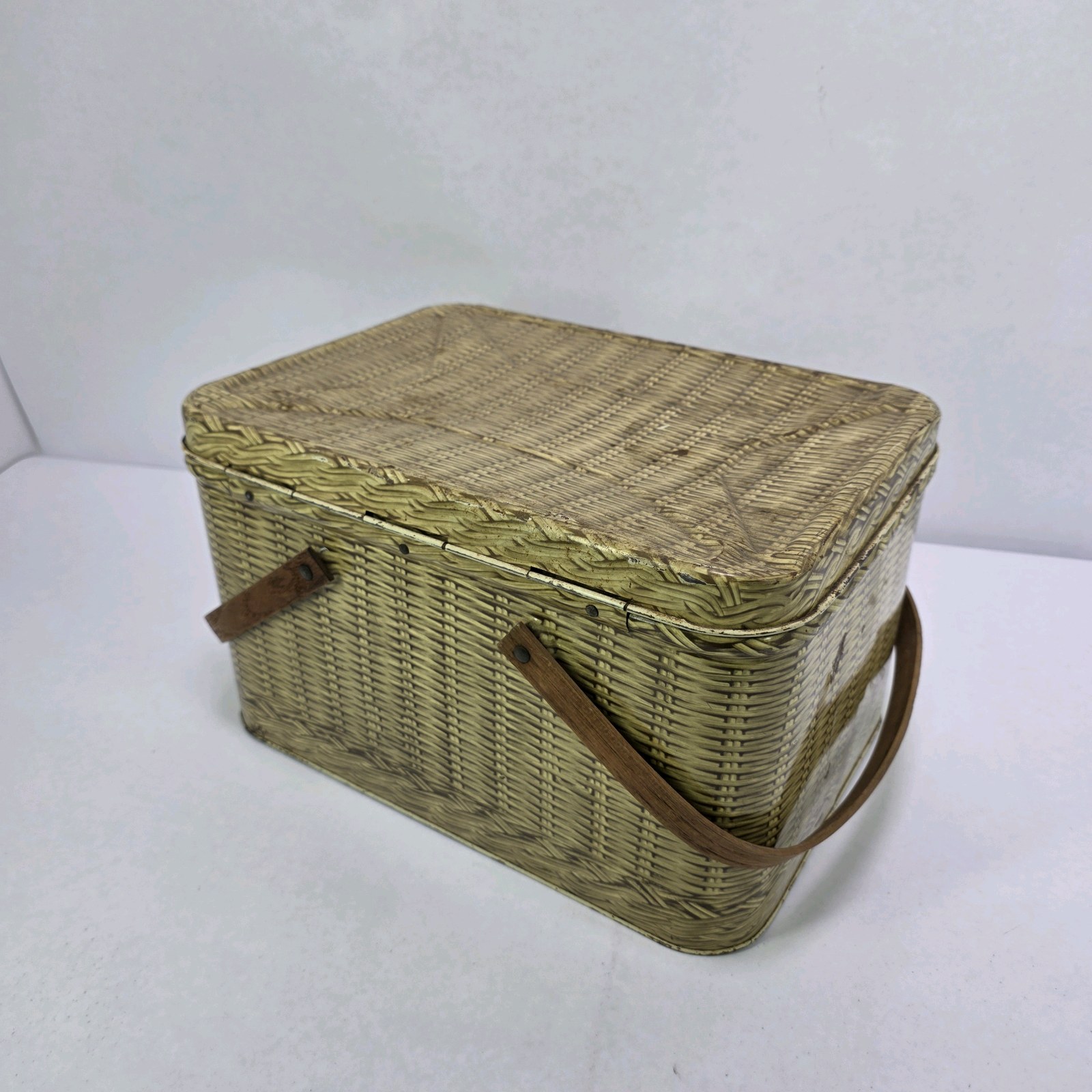 Vintage Wicker Picnic Basket with Metal Interior and Wood Handles