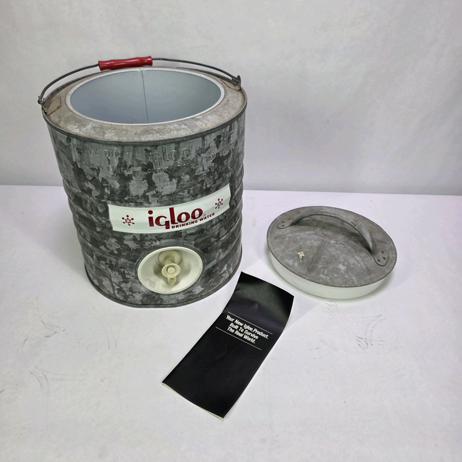 Vintage Igloo Galvanized Metal Water Cooler Drink Dispenser With Lid and Paperwork