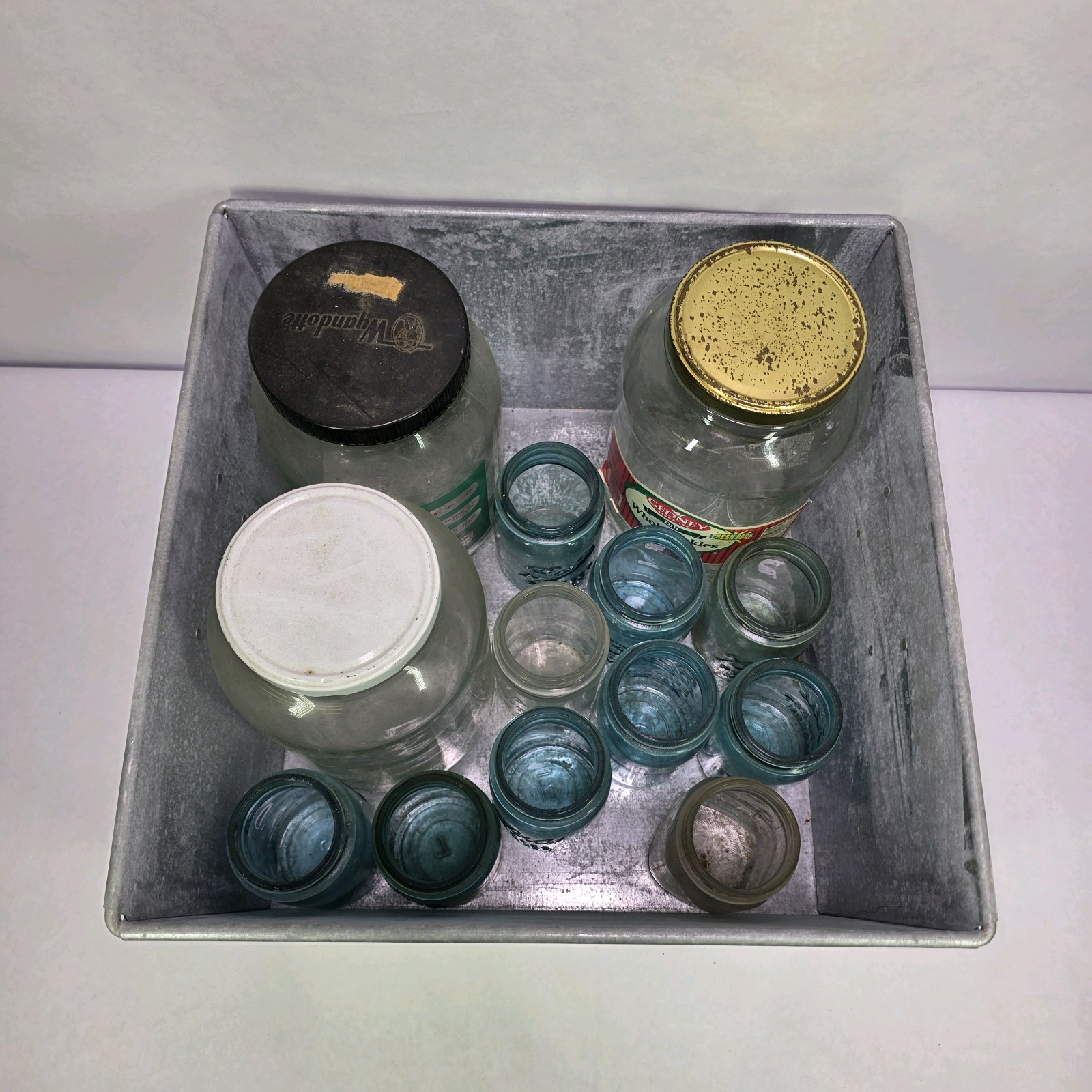 Lot of Vintage Blue Mason Jars Glass Food Jars and Galvanized Metal Storage Bin