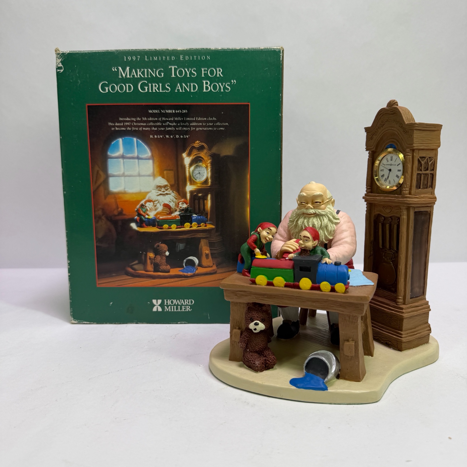 1997 Howard Miller Making Toys For Good Girls and Boys Santa Clock Figurine With Box