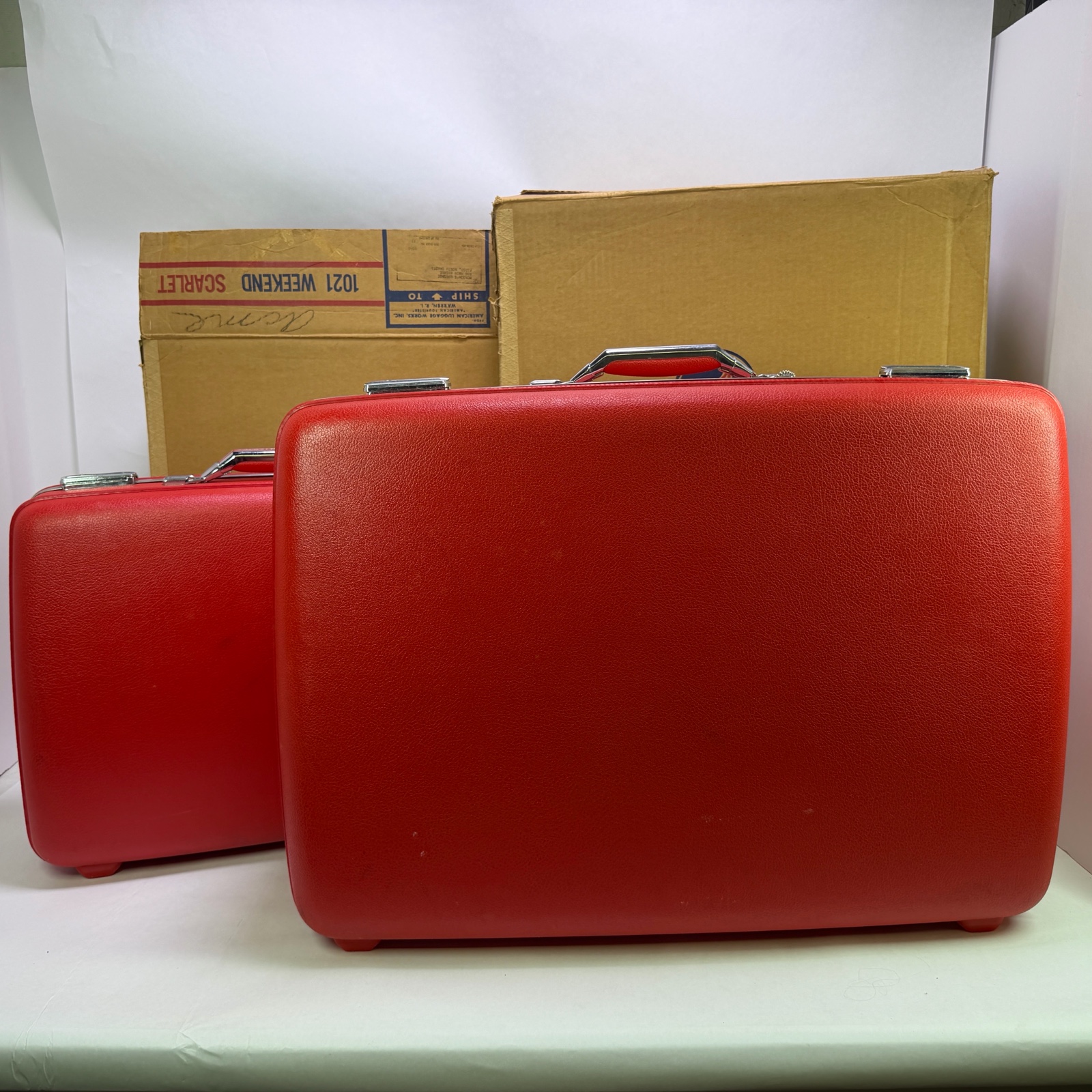 New Old Stock American Tourister Tiara Red Hard Shell Luggage Set With Original Boxes