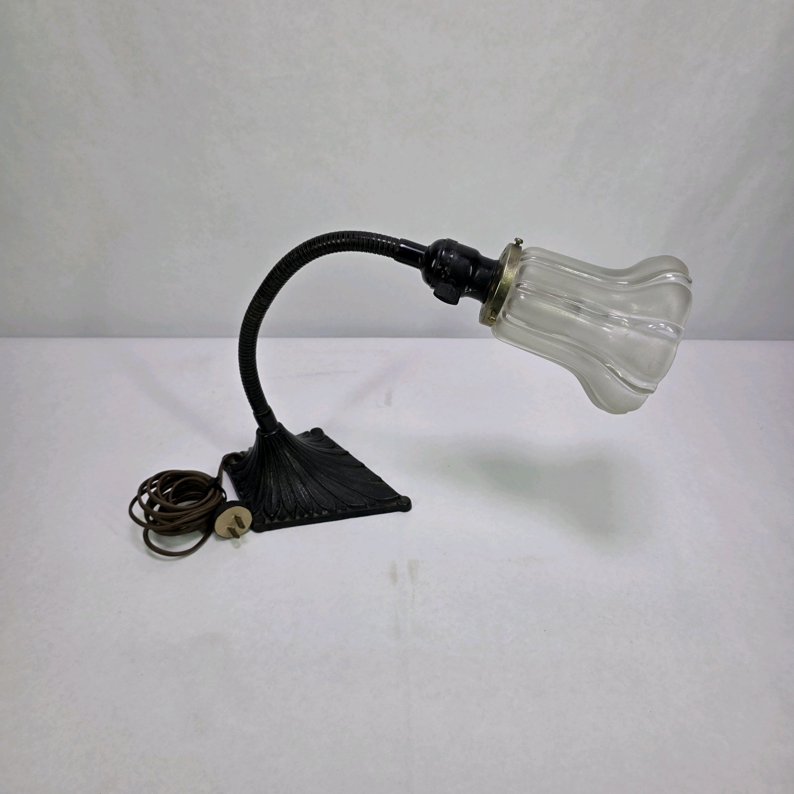Antique Gooseneck Desk Lamp Cast Iron Base With Ribbed Glass Shade