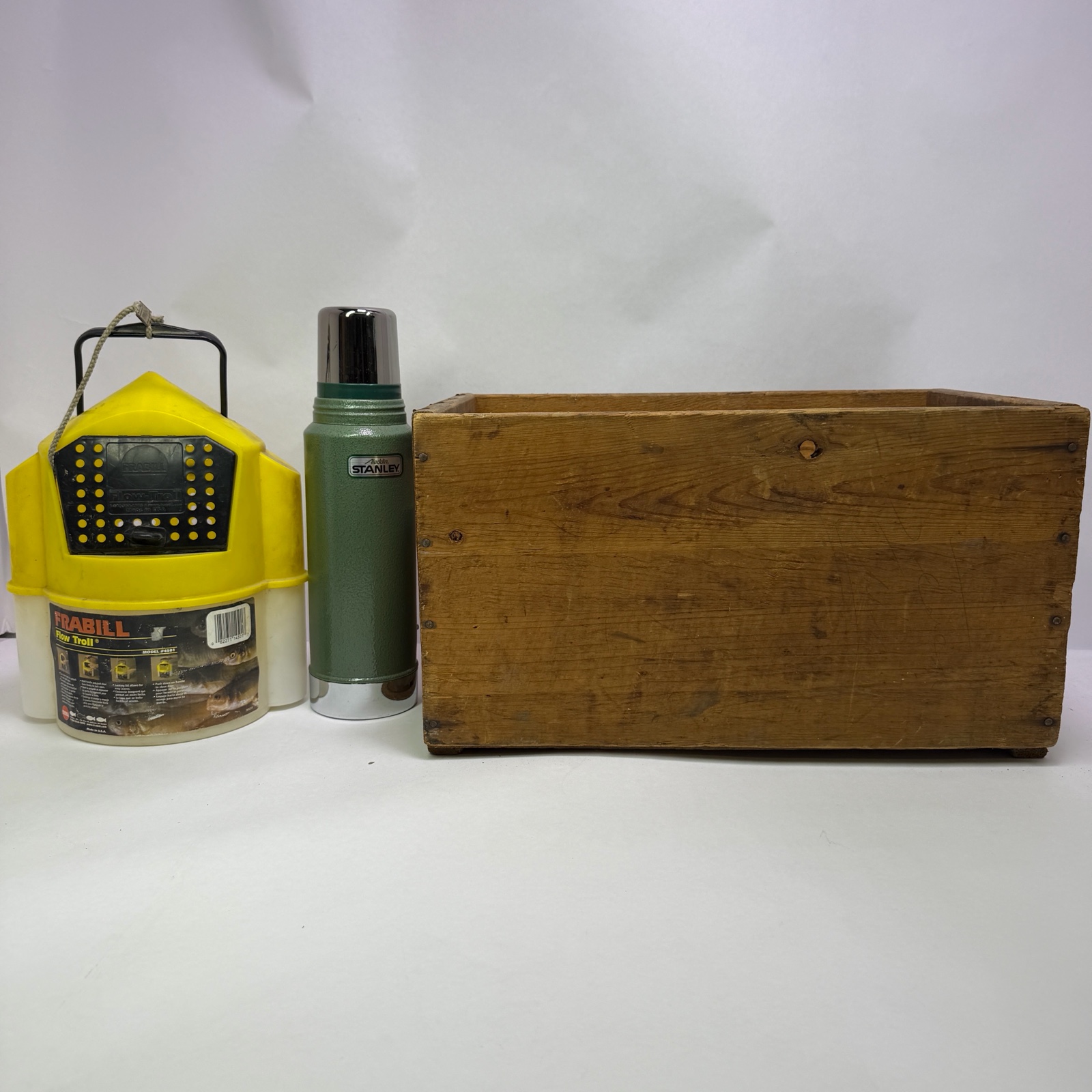 Lot of Vintage Camping Gear Thermos Lantern and Wooden Storage Box