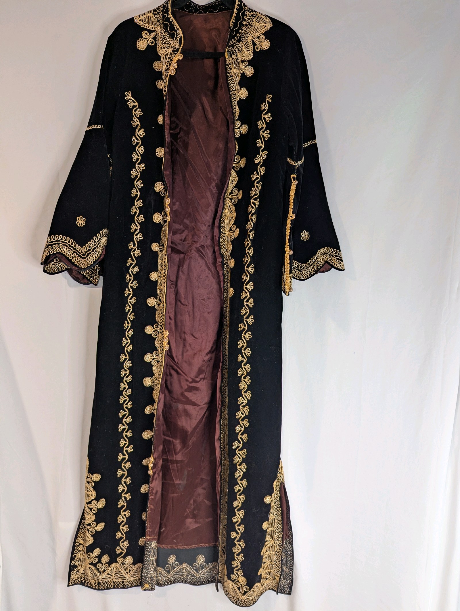 1970s vintage Moroccan-style duster, elaborate gold embroidery on black velvet