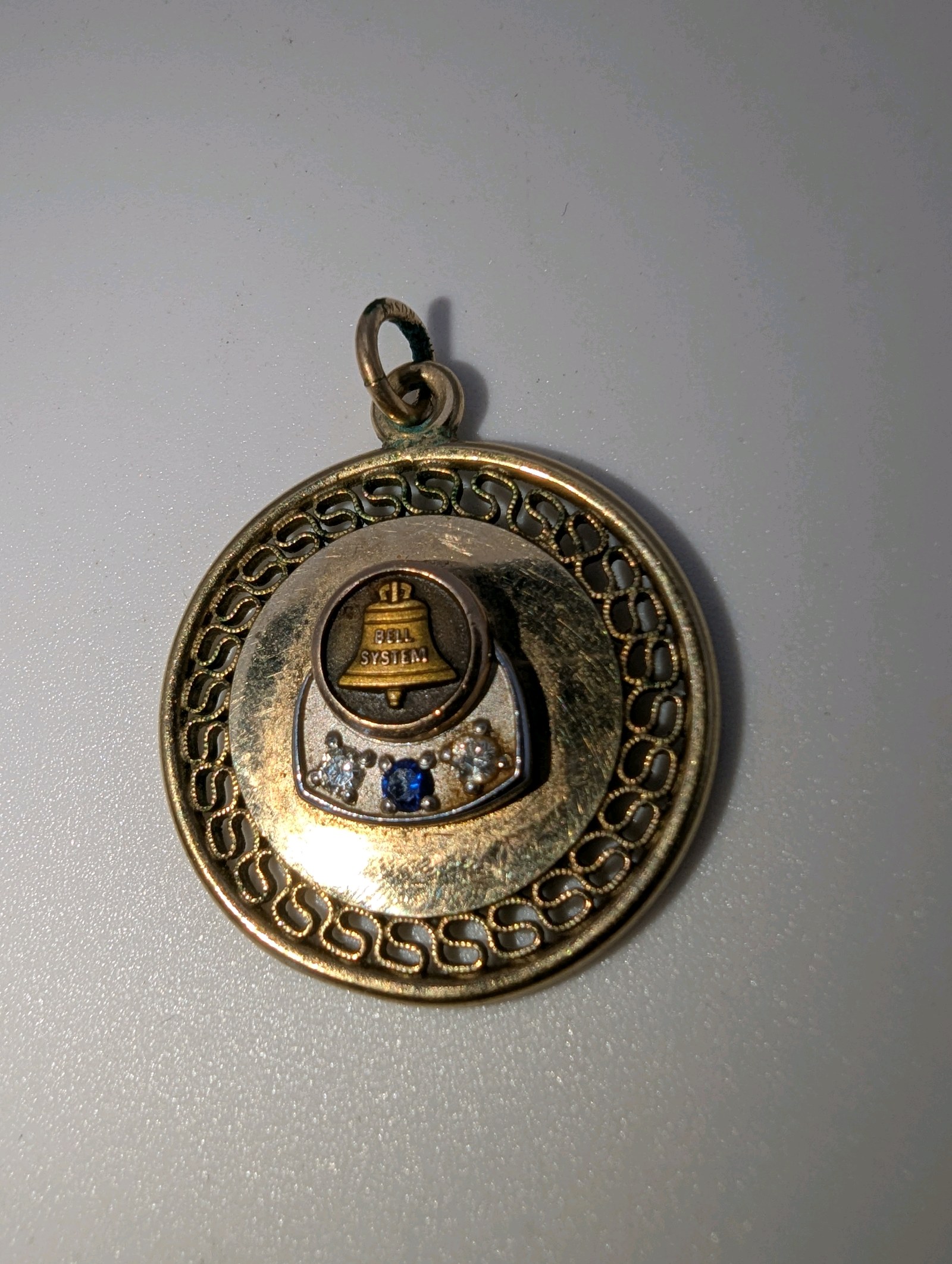 Vintage Bell System service charm, 12k gf White and Yellow Gold, Diamond and Sapphire Accents