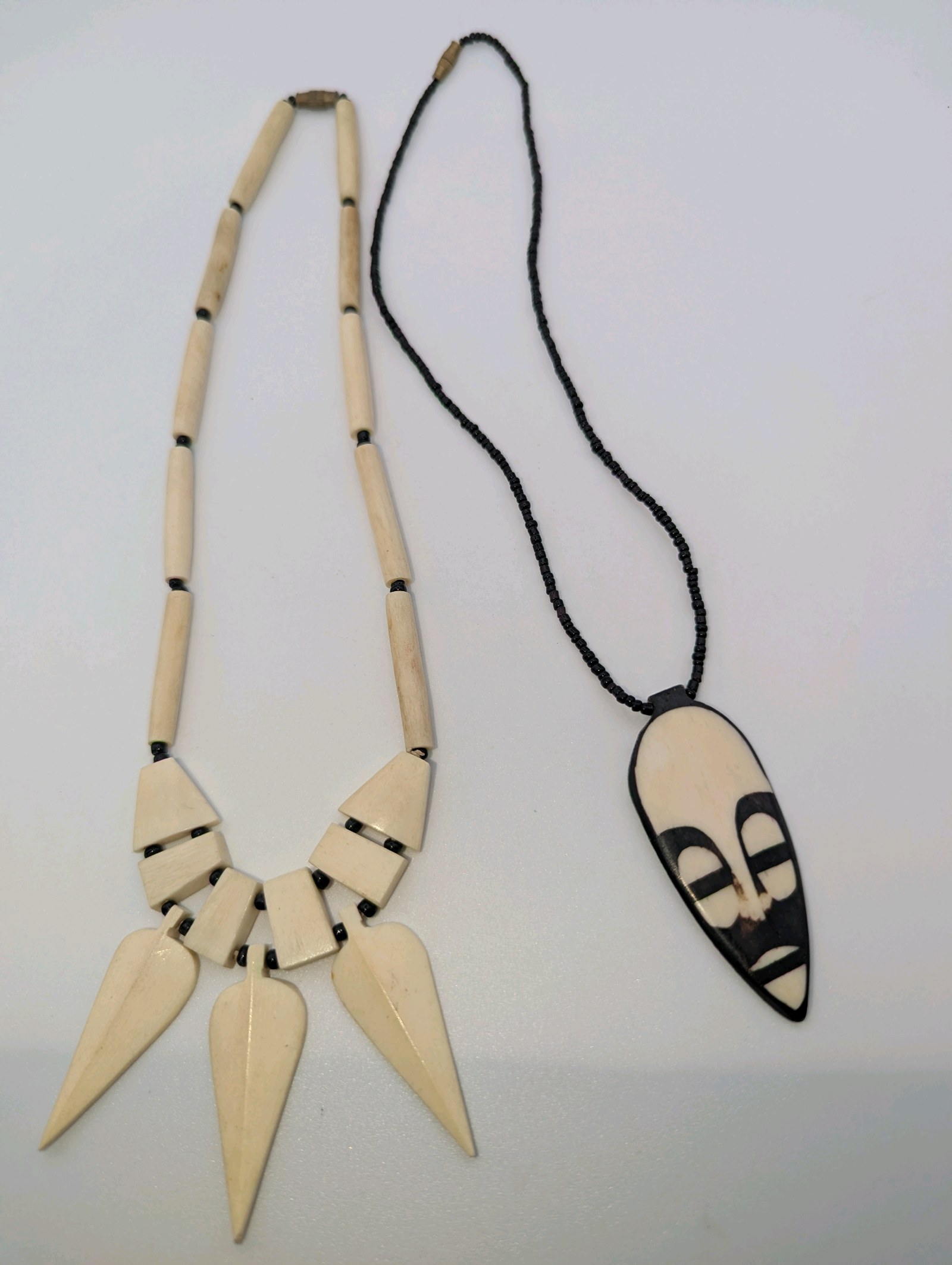 (2) Vintage Hand carved Bone and Bead Necklaces