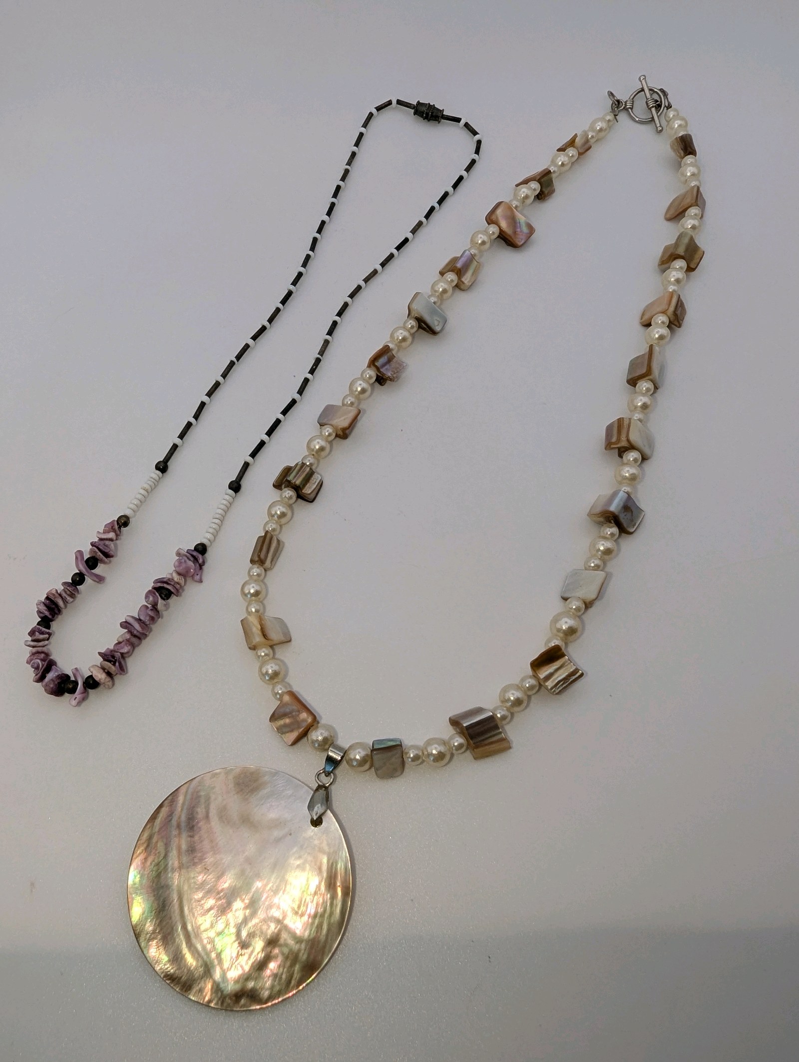 (2) Lavender Shell Chip and Pearl Necklaces