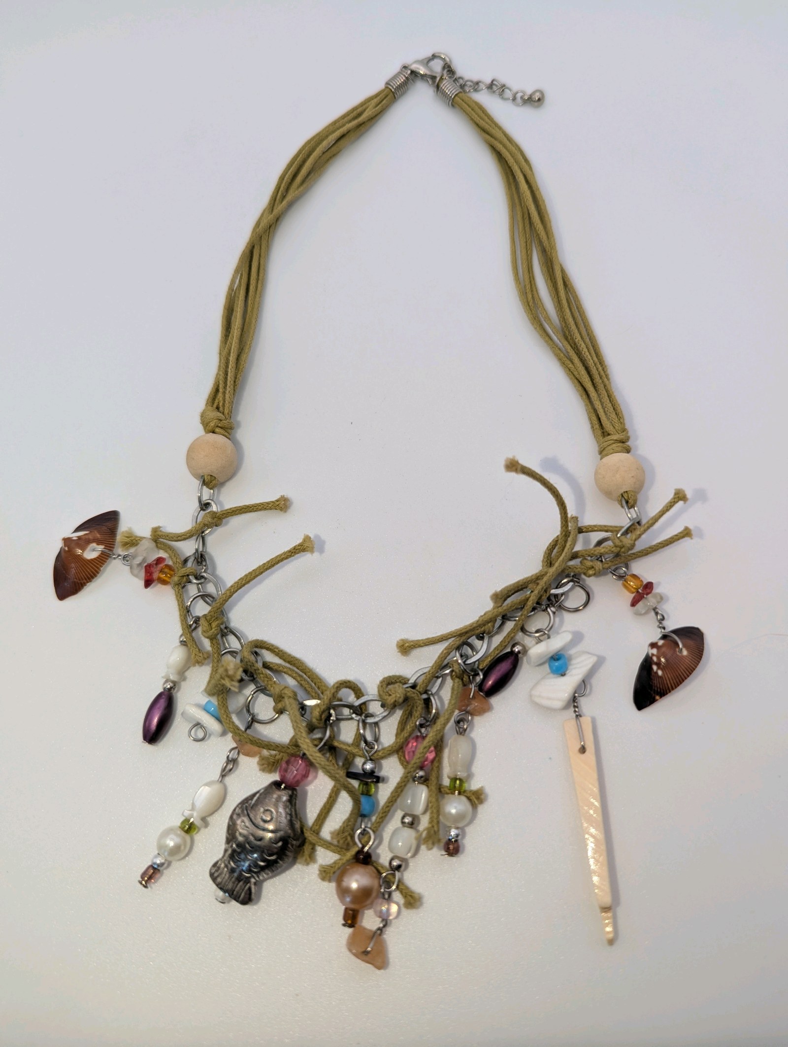 Vintage handmade shell bead charm necklace