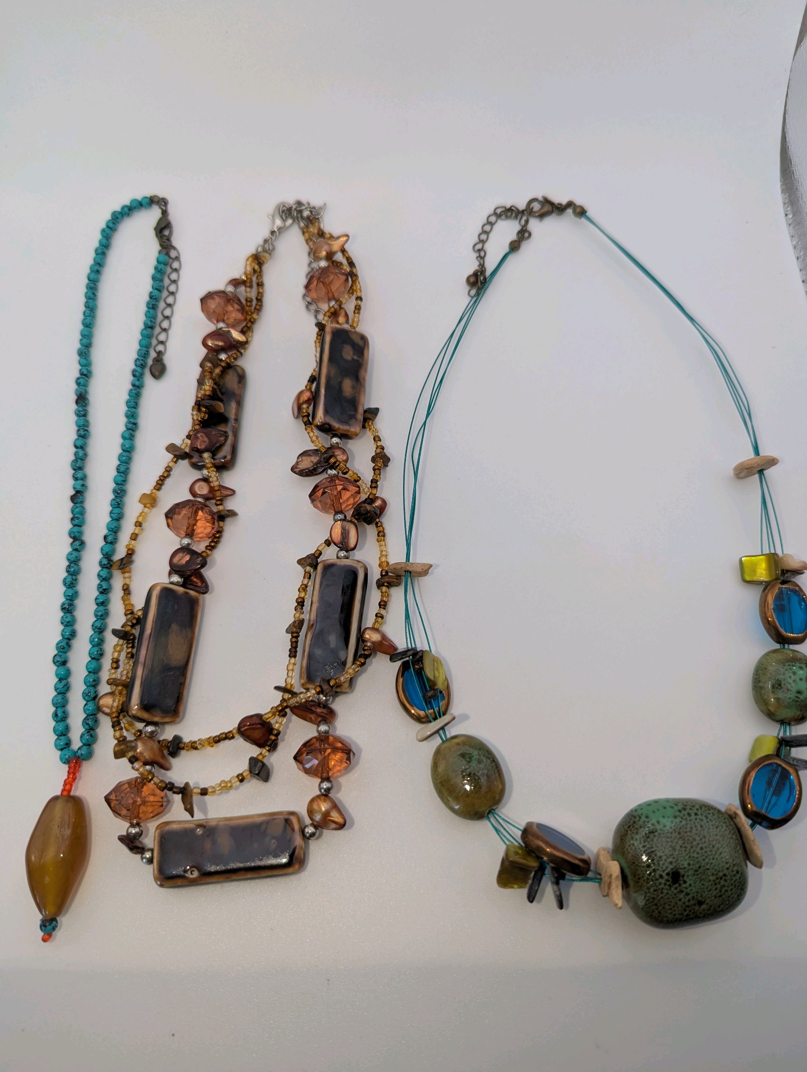 (3) Stone and glass bead necklaces, agate