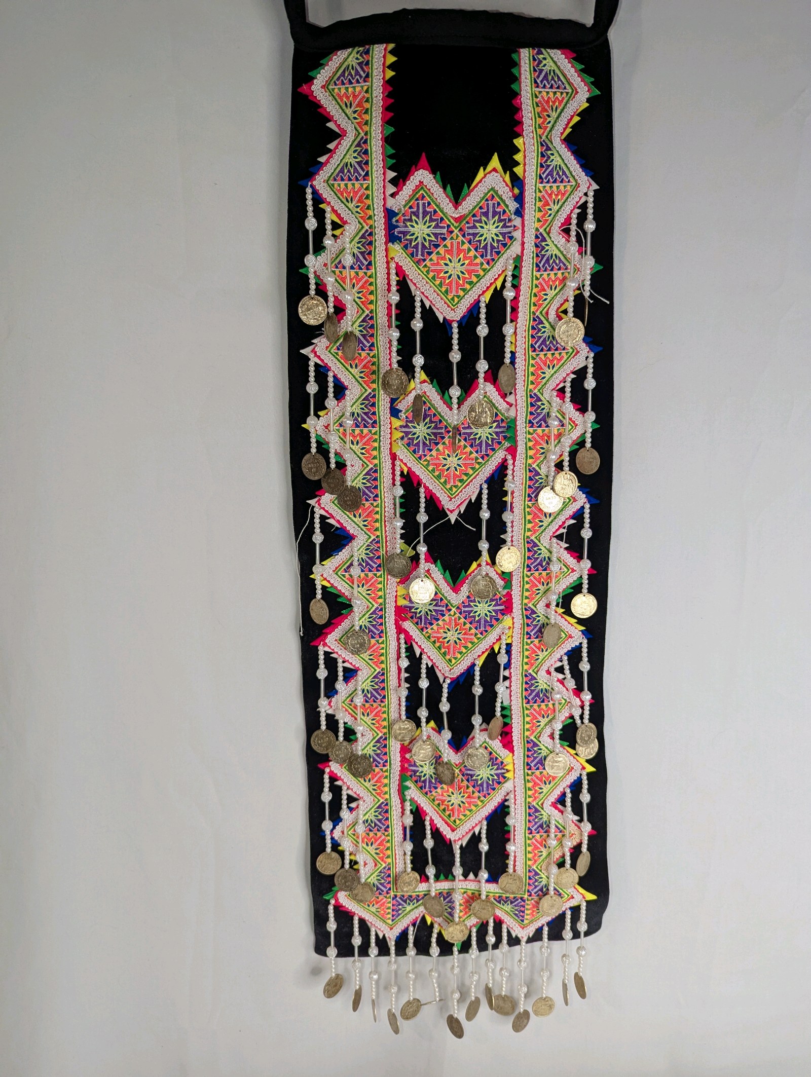 Traditional Hmong Paj Ntaub sash, 1937 coins